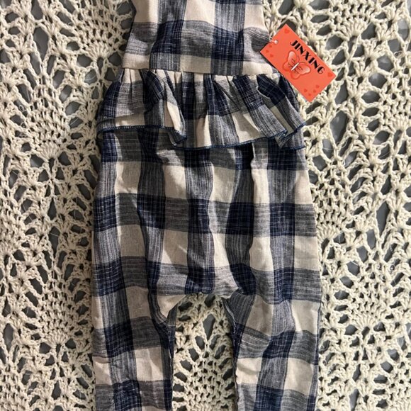 New! Jinxing Sz 4T Romper Jumpsuit Cream Blue Plaid Ruffle C08 - Picture 1 of 8